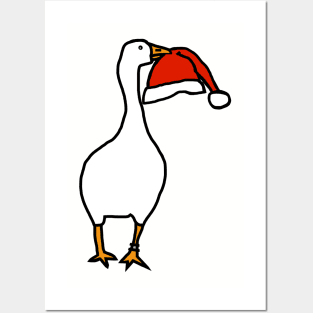 White Goose Steals Christmas Santa Hat Posters and Art